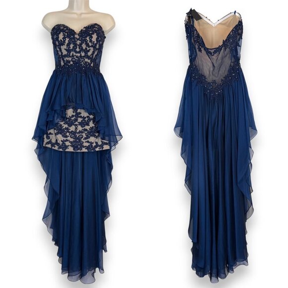 La Femme Formal Gown Cocktail Dress Blue Lace Hi Low Mesh Y2K Back Strapless 6 - Picture 15 of 15